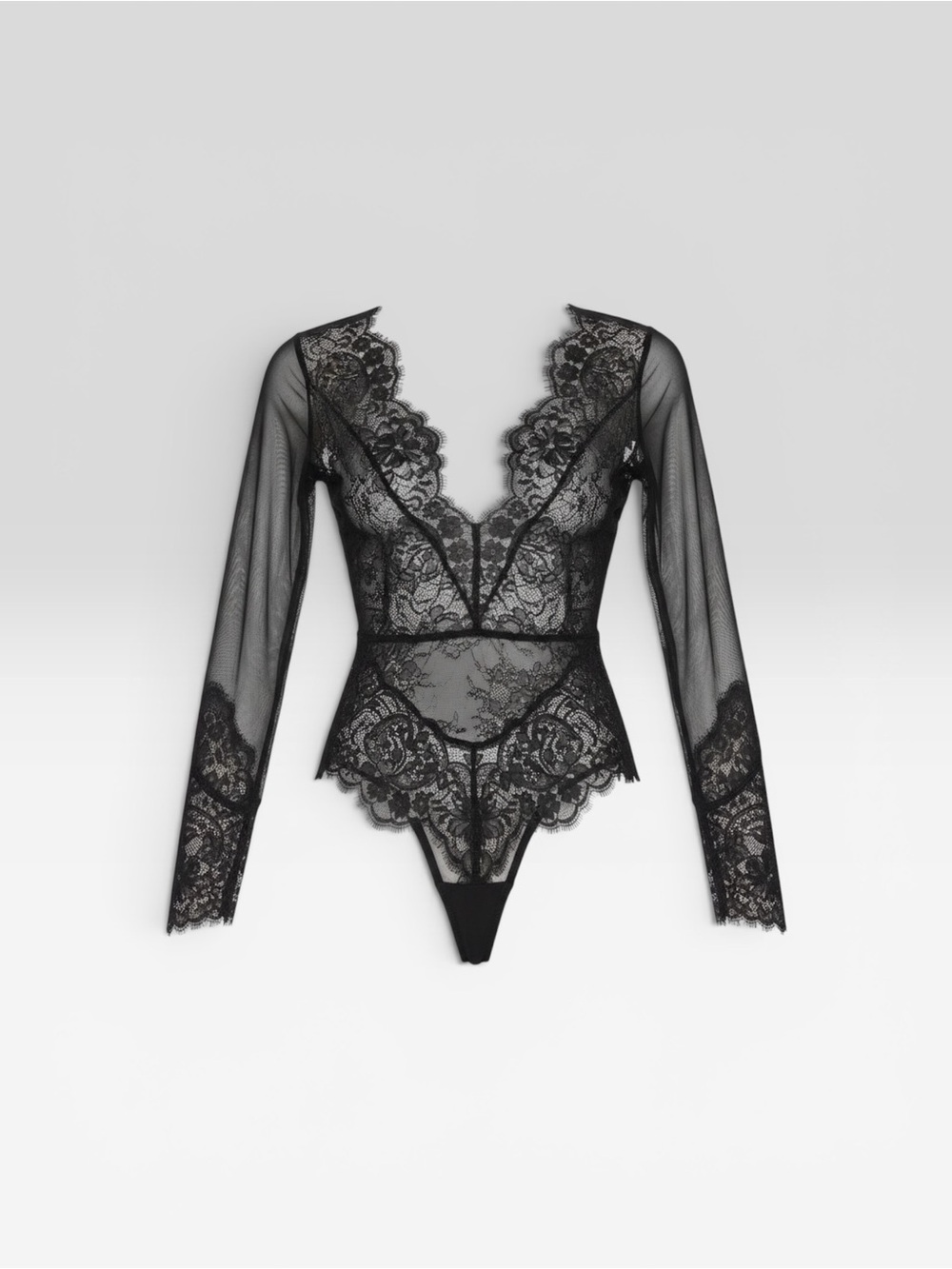 Victoria's Secret XS Black Sheer Lace Long Sleeve Thong Bodysuit Plunge Neckline